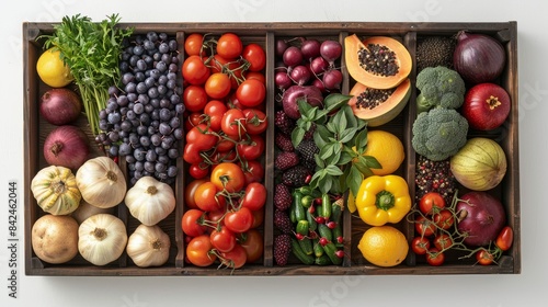 Top perspective of vibrant fruits  veggies  spices in wooden box  isolated background  studio lighting  style raw