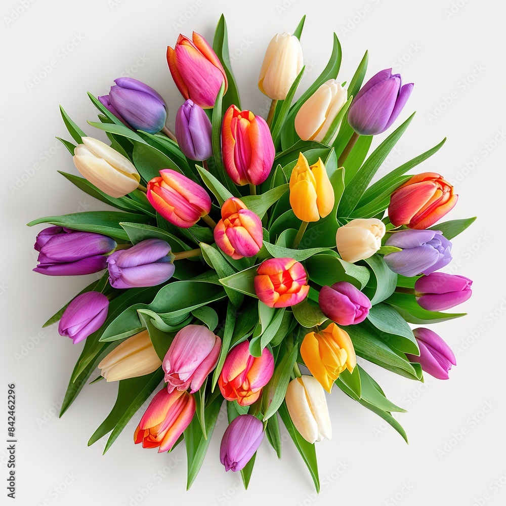 Elegant and Fresh Natural Colorful Tulip Flower Bouquet with Graceful Thin Ribbon, Top View, Elegant and Fresh Natural Colorful Tulip Flower Bouquet with Graceful Thin Ribbon, Top View,