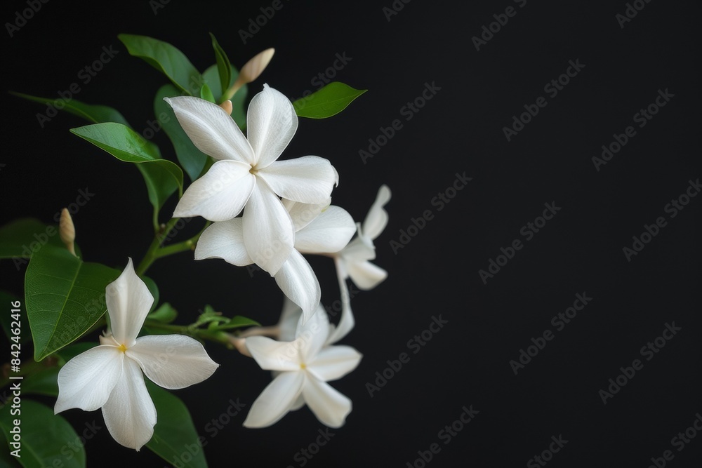 Fototapeta premium flower Photography, Jasminum polyanthum, full view object, copy space on right, Isolated on Black Background