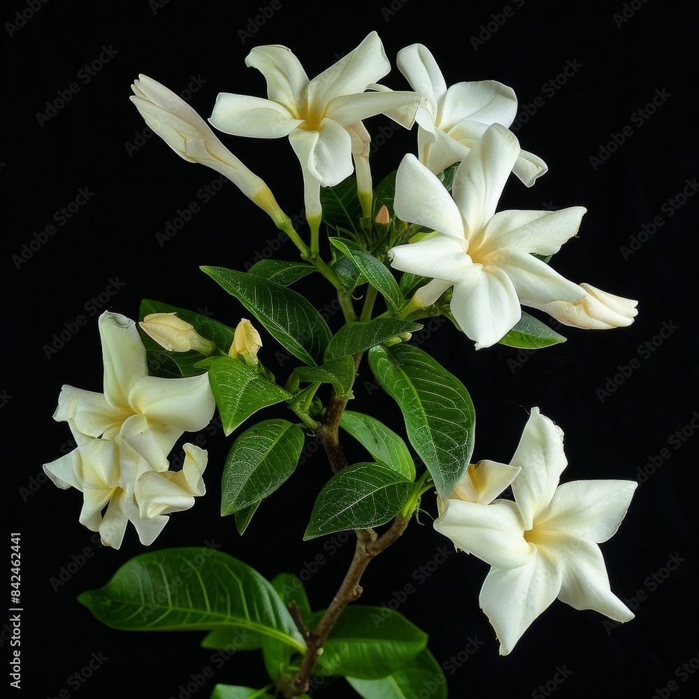 Fototapeta premium flower Photography, Jasminum sambac, Close up view, Isolated on black Background