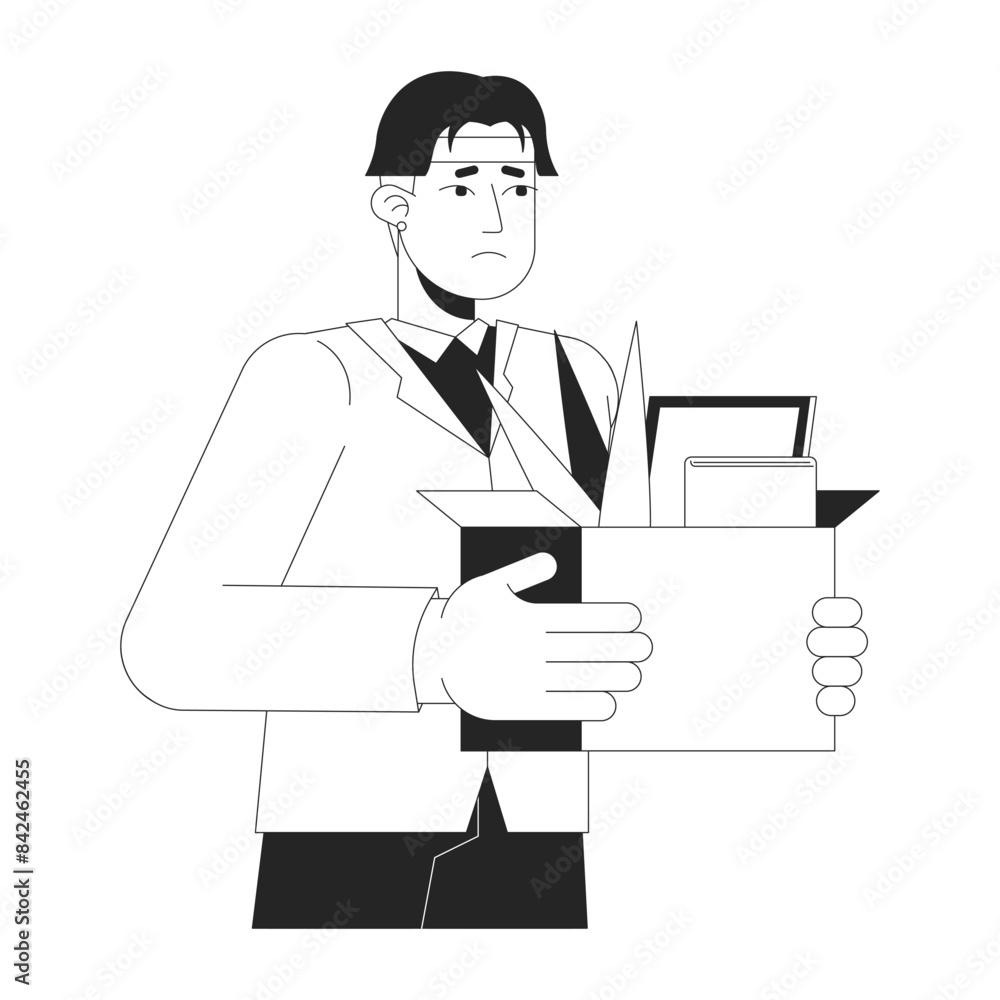 Fired asian man leaving workplace black and white 2D line cartoon character. Upset korean man with stuff isolated vector outline person. Unemployment growing monochromatic flat spot illustration Fired asian man leaving workplace black and white 2D line cartoon character. Upset korean man with stuff isolated vector outline person. Unemployment growing monochromatic flat spot illustration