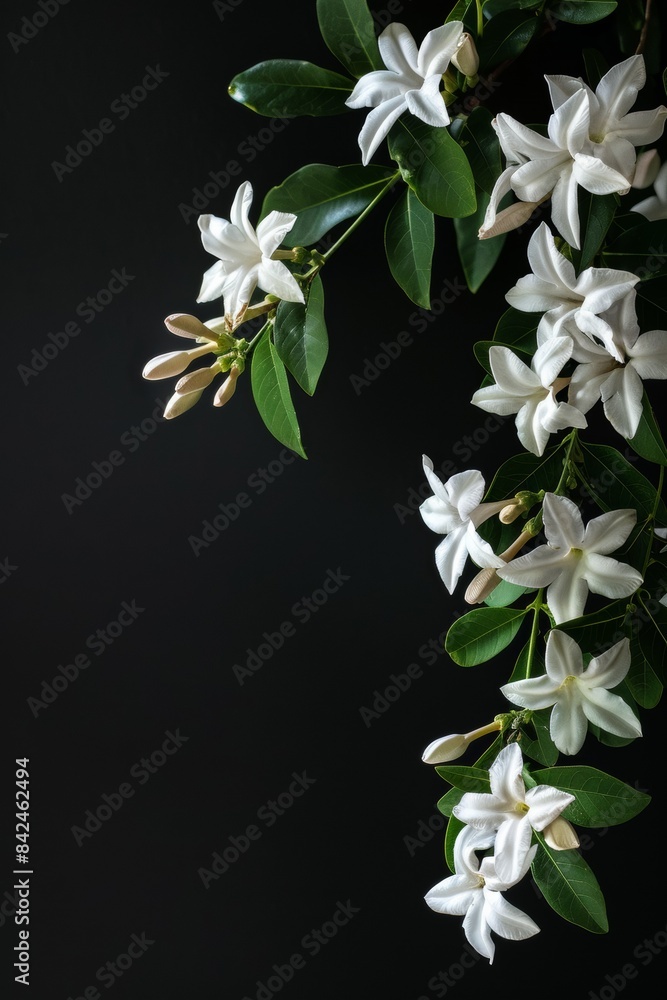 Obraz premium flower Photography, Jasminum sambac, copy space on right, Isolated on black Background