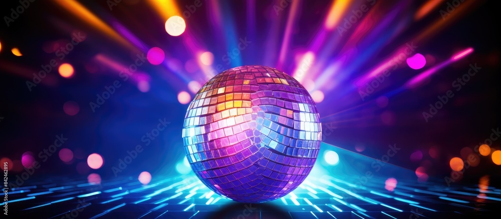Night party background photo featuring a dazzling disco ball reflecting bright rays, creating an atmosphere of celebration, with copy space image. Night party background photo featuring a dazzling disco ball reflecting bright rays, creating an atmosphere of celebration, with copy space image.