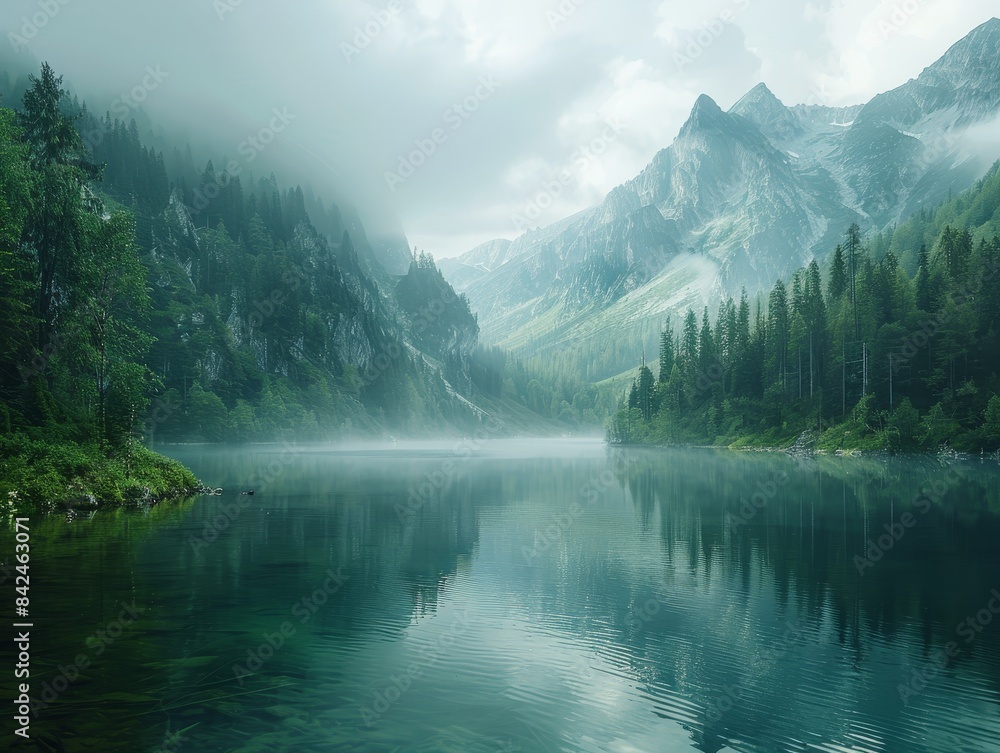 Ethereal mist floating above a serene mountain lake Ethereal mist floating above a serene mountain lake