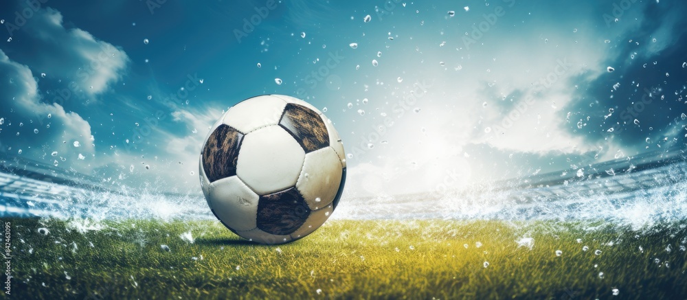 Naklejka premium Athlete playing football with a ball in motion in an outdoor setting, with copy space image included.