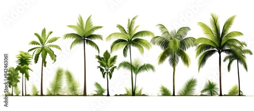 A collection of large trees, with coconut and palm trees, stand tall in summer, growing to have big trunks in a copy space image on a white background.
