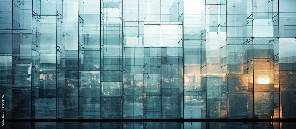 Modern skyscraper featuring a pristine blue glass wall with empty space for potential images. Copy space image. Place for adding text and design Modern skyscraper featuring a pristine blue glass wall with empty space for potential images. Copy space image. Place for adding text and design