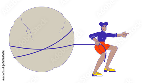 Black woman leader pulling rock 2D linear cartoon character. African american female tied to stone showing direction isolated line vector person white background. Efforts color flat spot illustration