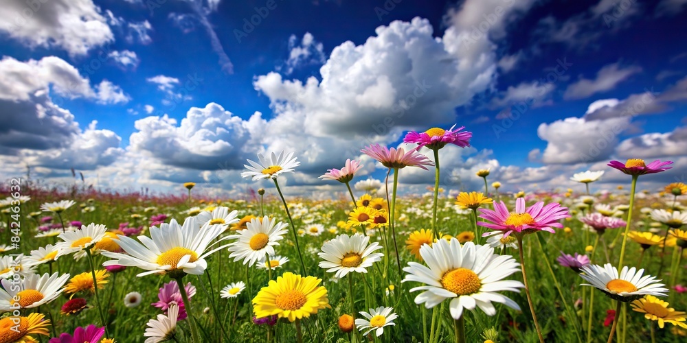 A vibrant meadow bursting with white, yellow, and pink daisies stretches towards a cloud-dappled blue sky, wildflower meadow, daisy field, summer landscape, panoramic view, blue sky