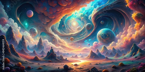 A surreal landscape composed of swirling nebulae and geometric structures, rendered in vibrant, otherworldly colors, Dreamscapes, Art, Surreal Landscape, Abstract Art, Digital Art photo