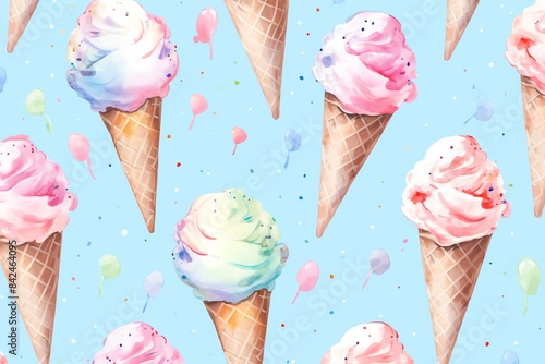 Seamless pattern of watercolor ice cream cones with pastel-colored scoops on a light blue background, perfect for summer-themed designs.