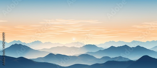 Wide mountain landscape featuring layers of mountains under a golden sunset, with blue silhouetted hills and sunlight gradients  ideal for a hiking-themed template with copy space image. © Ilgun