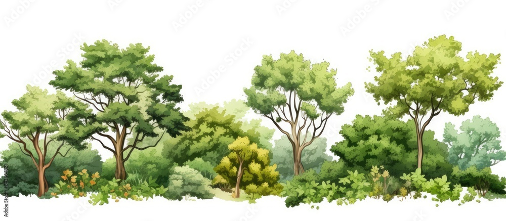 Fototapeta premium A small forest is depicted against a white backdrop in this picture, providing a clippings path for easy selection and use of the image's copy space.