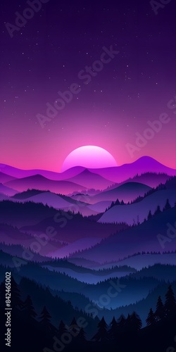 minimalist pop art style valley at night with a purple atmosphere