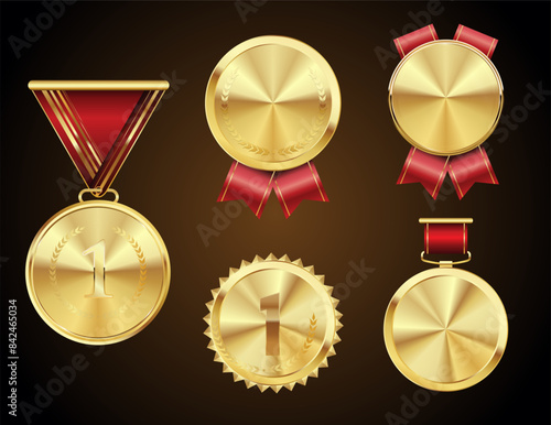 Golden medal set isolated on dark background vector illustration 