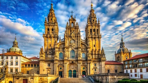 The iconic Santiago de Compostela Cathedral in Galicia, Spain, stands tall with its intricate facade, soaring spires photo