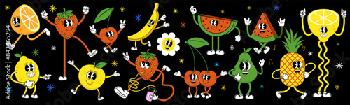 Cool set of hippie fruit retro 70s funk cartoon stickers. Comic character of cherry, strawberry, banana, watermelon, fruits, berries. Great summer, spring, autumn. Funny cartoon mascot style.