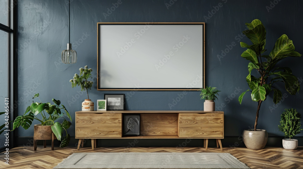 Living room scene: mockup frame decorates cabinet against dark wall Living room scene: mockup frame decorates cabinet against dark wall