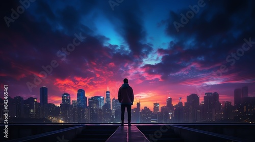 A person silhouetted against a cityscape at twilight, with vibrant, colorful clouds creating a dramatic sky photo