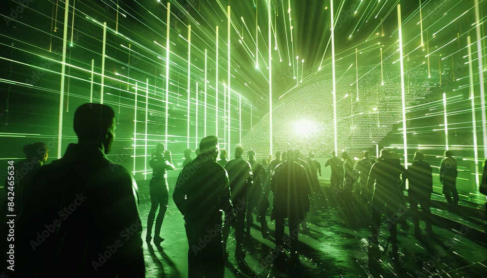 Fototapeta premium The room is filled with neon lights and the people are all dressed in black