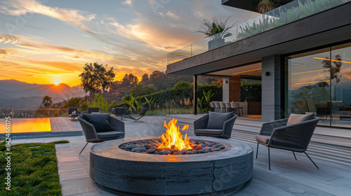 On a residential terrace, modern grey chairs encircle a fire pit, fostering relaxation and communication
