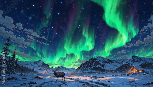 Northern lights over snowy landscape with reindeer. 2d style photo