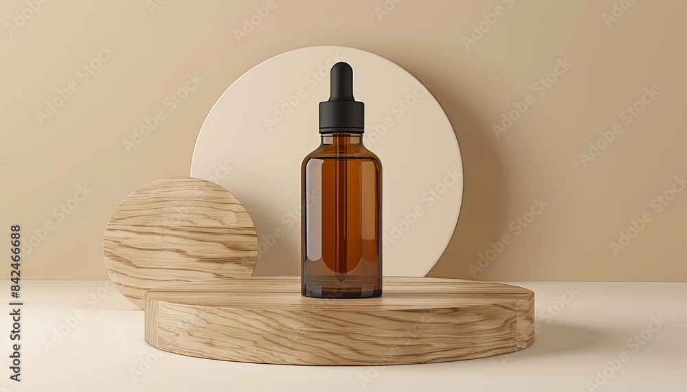 A bottle of essential oil is sitting on a wooden platform A bottle of essential oil is sitting on a wooden platform