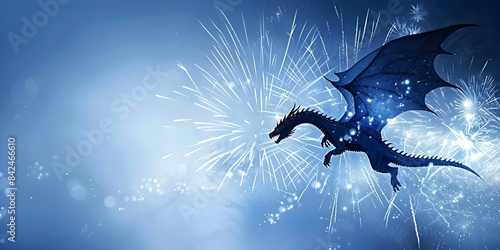 Dragon flying through sky with fireworks ideal for fantasy book covers. Concept Fantasy Book Cover, Dragon, Sky, Fireworks