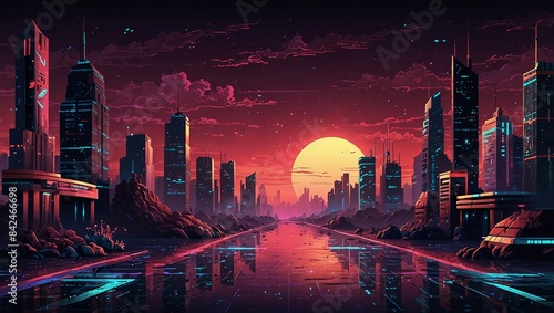 pixel 80s retro wave sci fi background for game. 2d style photo