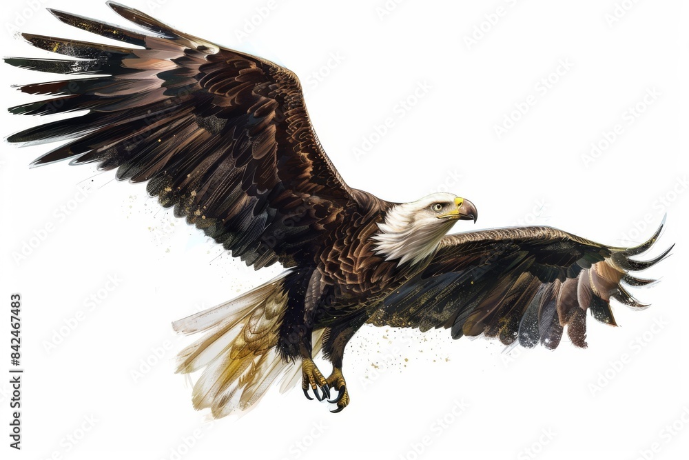 Obraz premium Bald Eagle Soaring Through the Air With Wings Spread Wide