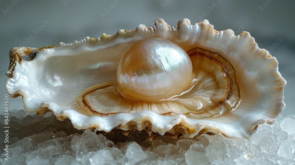 Oyster Shell With A Single Pearl On Ice Oyster Shell With A Single Pearl On Ice