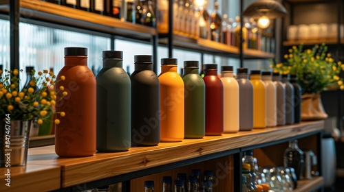 Stylish water bottles of various colors meticulously lined up on a wooden shelf, a cozy store setting with warm lighting, a touch of modern elegance