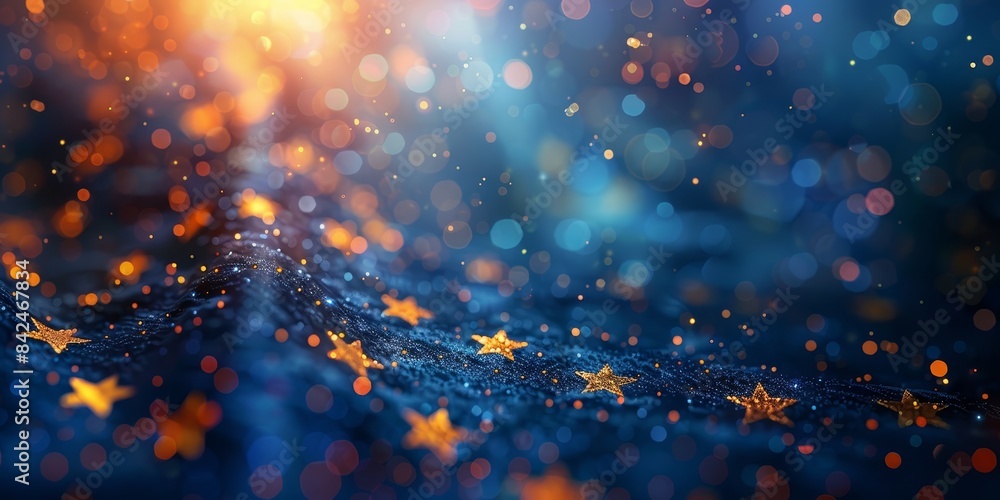 Close-Up of European Union Flag With Glittering Bokeh. Generative AI Close-Up of European Union Flag With Glittering Bokeh. Generative AI