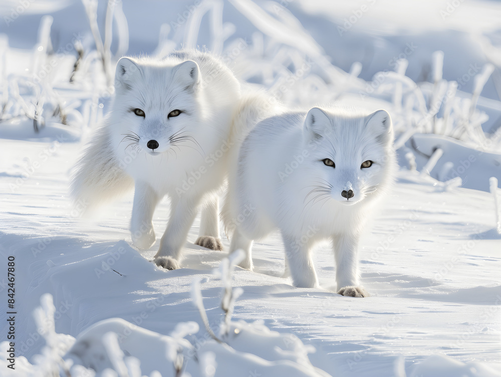 Elegant arctic foxes gracefully wander through a serene winter wonderland, blending in with the snow. Elegant arctic foxes gracefully wander through a serene winter wonderland, blending in with the snow.