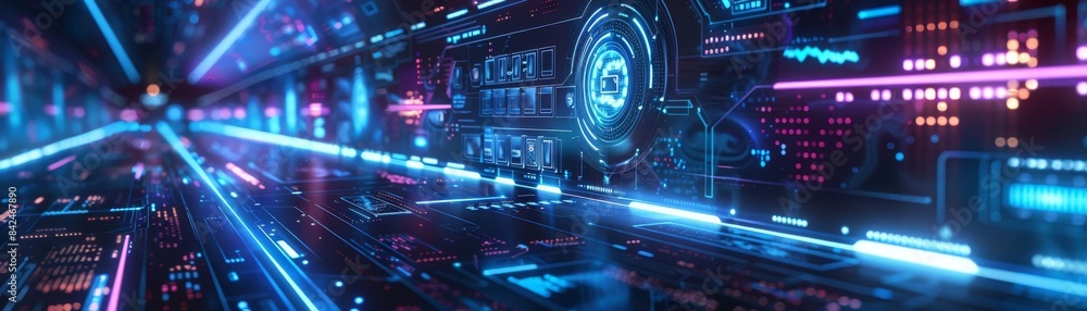 A holographic interface for data protection, Cybersecurity, Blue and purple, Digital, Futuristic and interactive A holographic interface for data protection, Cybersecurity, Blue and purple, Digital, Futuristic and interactive