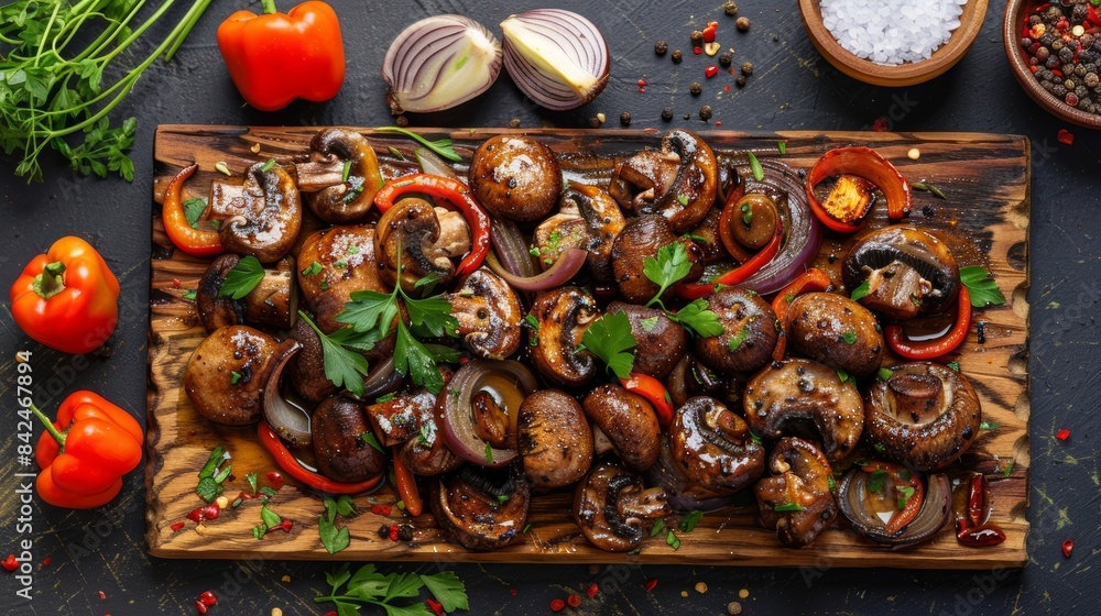 Rustic wooden cutting board featuring sauteed mushrooms, drizzled with a savory sauce, accented by colorful onions and bell peppers Rustic wooden cutting board featuring sauteed mushrooms, drizzled with a savory sauce, accented by colorful onions and bell peppers