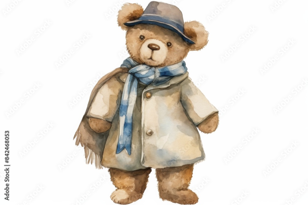 Teddy bear wearing coat and hat in fall. Watercolor isolated illustration on white background. 