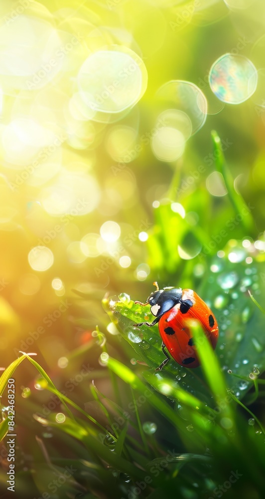 A Ladybug on Dew-Covered Grass in Morning Sunlight A Ladybug on Dew-Covered Grass in Morning Sunlight