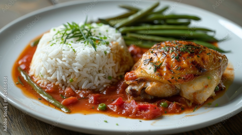 Perfectly plated chicken in tomato sauce, rice, and green beans, studio lighting, isolated background, raw style Perfectly plated chicken in tomato sauce, rice, and green beans, studio lighting, isolated background, raw style