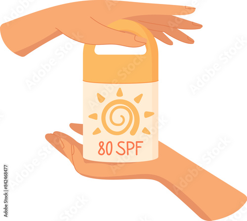 Hand holds sun screen cream bottle, flat solar protection cream product, creative uv block moisturizer tube, vector spf oil pack, cartoon sunscreen spray bottle,