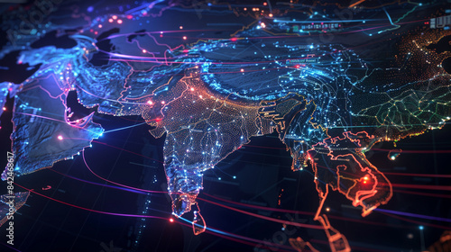 Advanced digital map of South Asia displaying interconnected data streams and cyber technology hubs