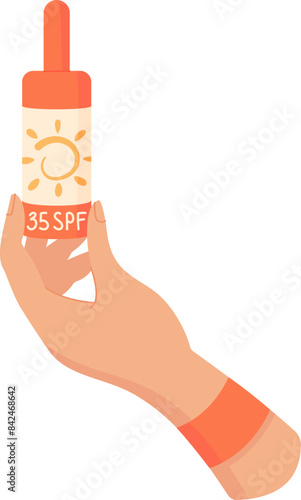 Hand holds spf oil tube, creative sun block cream pack, vector solar screen spray bottle, flat sunblock cosmetic product, cartoon sunscreen moisturizer tube,
