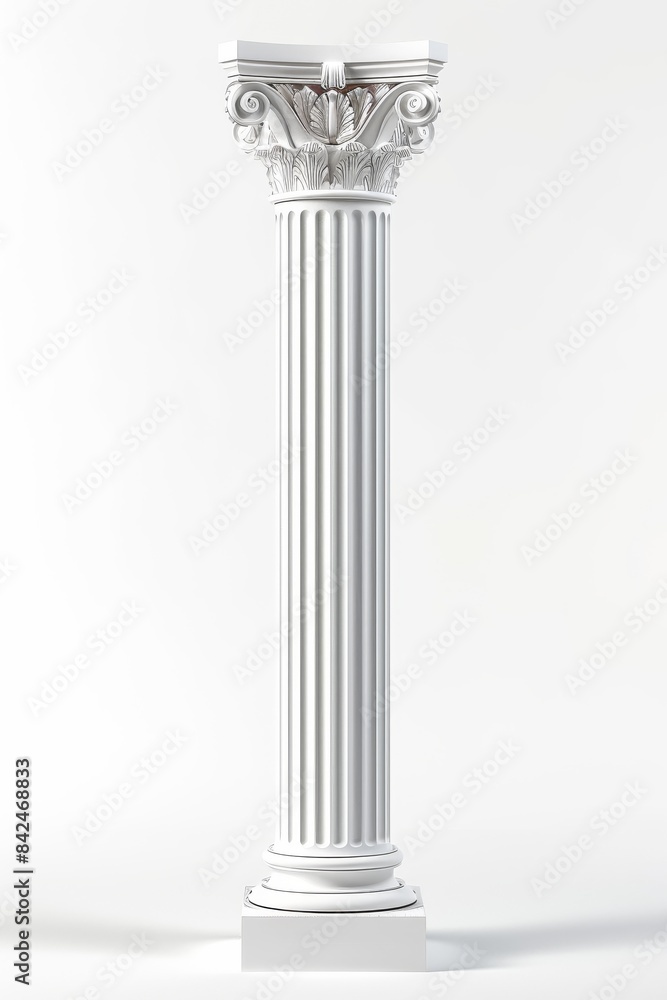 White Fluted Column With Ornate Capital on a White Background White Fluted Column With Ornate Capital on a White Background