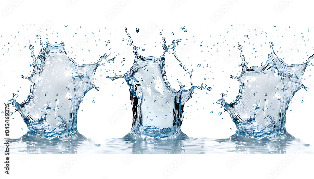 Pure water splashing on white background, set Pure water splashing on white background, set