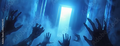 Wallpaper Mural Aerial view of skeletal zombie hands stretching to an ajar door Torontodigital.ca