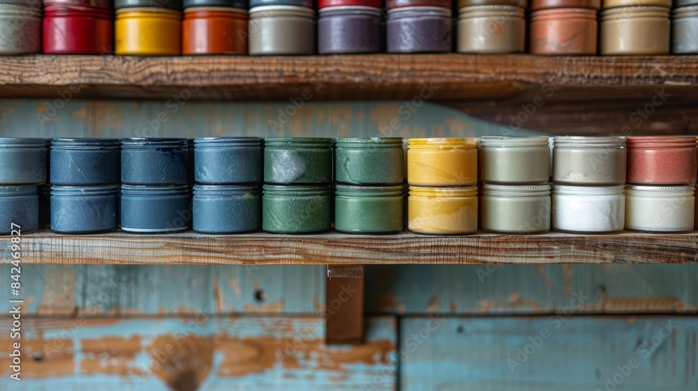 Neatly stacked multi-colored creams in a clear jar, positioned on a rustic industrial shelf, highlighting a fusion of vintage and modern aesthetics Neatly stacked multi-colored creams in a clear jar, positioned on a rustic industrial shelf, highlighting a fusion of vintage and modern aesthetics