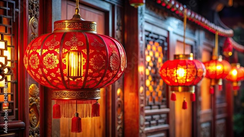 A vibrant red lantern adorned with intricate gold designs hangs from a traditional Chinese doorway