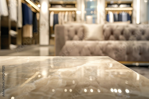 An elegant, polished marble coffee table in the foreground with a blurred background of a luxury personal shopping suite. The background features stylish clothing racks. © grey