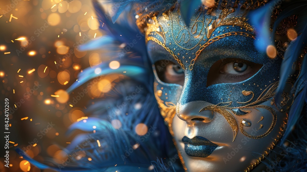 Realistic luxury carnival mask with blue feathers. Abstract blurred background, gold dust, and light effects Realistic luxury carnival mask with blue feathers. Abstract blurred background, gold dust, and light effects