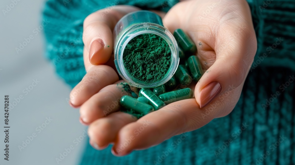 A hand holding a capsule filled with a green powder, representing the concentrated power of spirulina, a blue-green algae rich in nutrients. A hand holding a capsule filled with a green powder, representing the concentrated power of spirulina, a blue-green algae rich in nutrients.